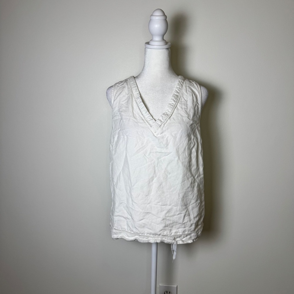 Vintage Linea Donna Linen Blend Tie Back Tank Top Sleeveless White Coastal Boho